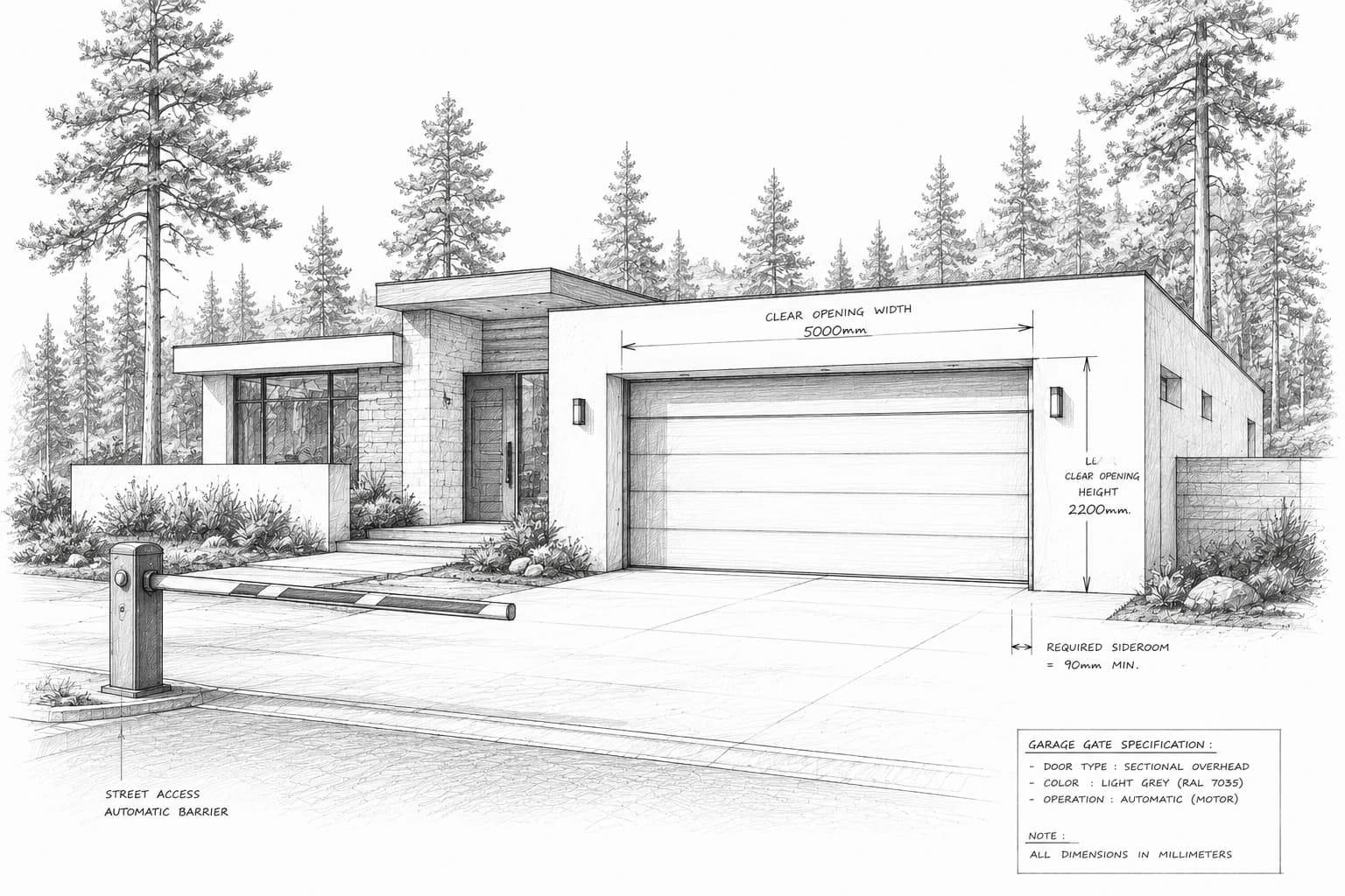 Technical sketch of a house with an automatic garage gate and a street access barrier